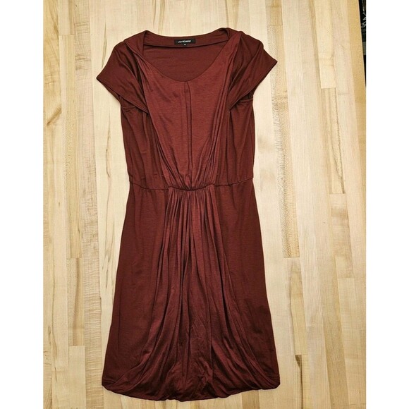 LAUTREAMONT Dress Burgundy Size 40 Drape Front Short Sleeve Midi Length - Picture 1 of 7